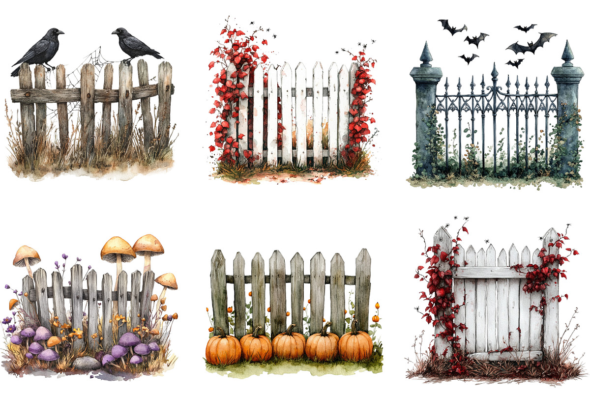 Watercolor Halloween Fence Clipart, a Work Illustration by cherrydesign (Photo 3 of 3)