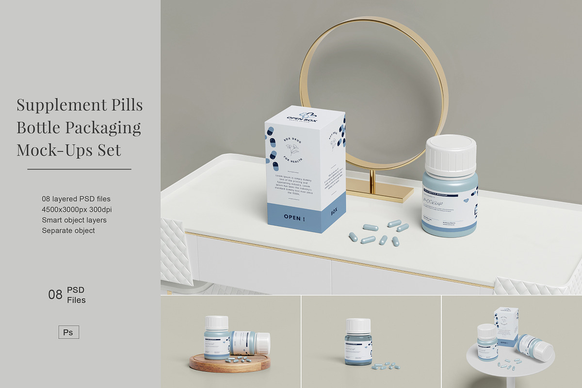 Supplement Pills Bottle Packaging Mo, a Cups & Container Mockup by Pexelcorner (Photo 1 of 9)