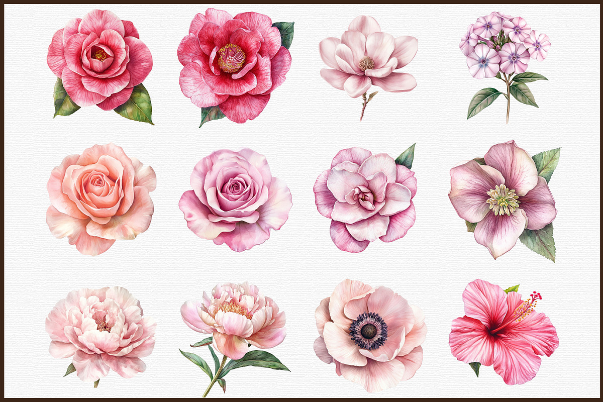 Watercolor Flowers Pink Clipart Set, an Illustration by Sublimation Artist (Photo 3 of 6)