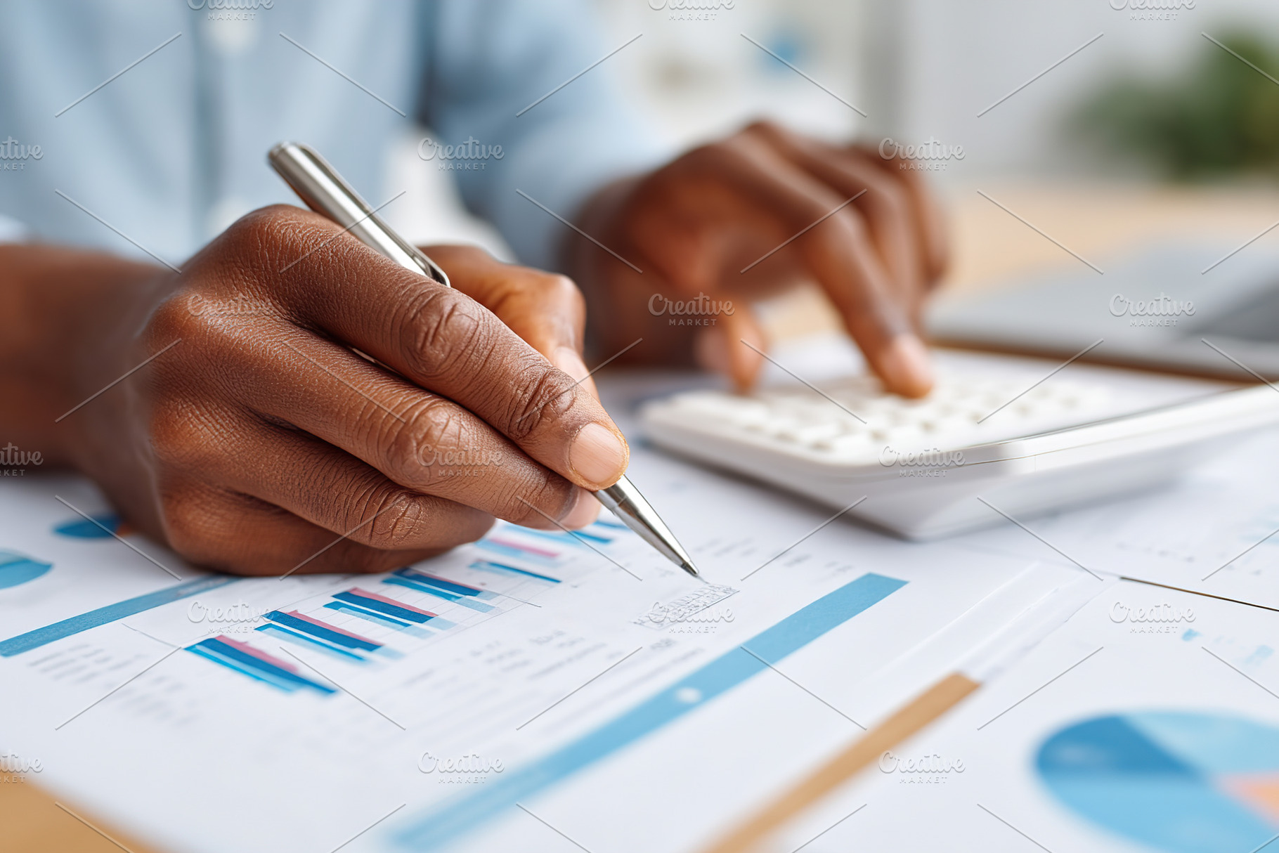 Hands performing calculations with a calculator while analyzing financial docum, a Business Photo by AlyaAnd