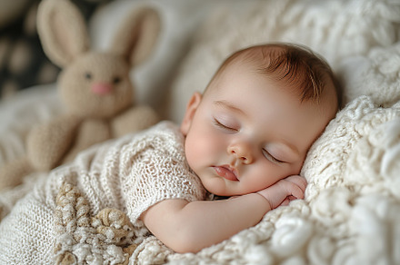 Little child boy sleeps in a crib with rabbit toy, a Person Photo by AlyaAnd