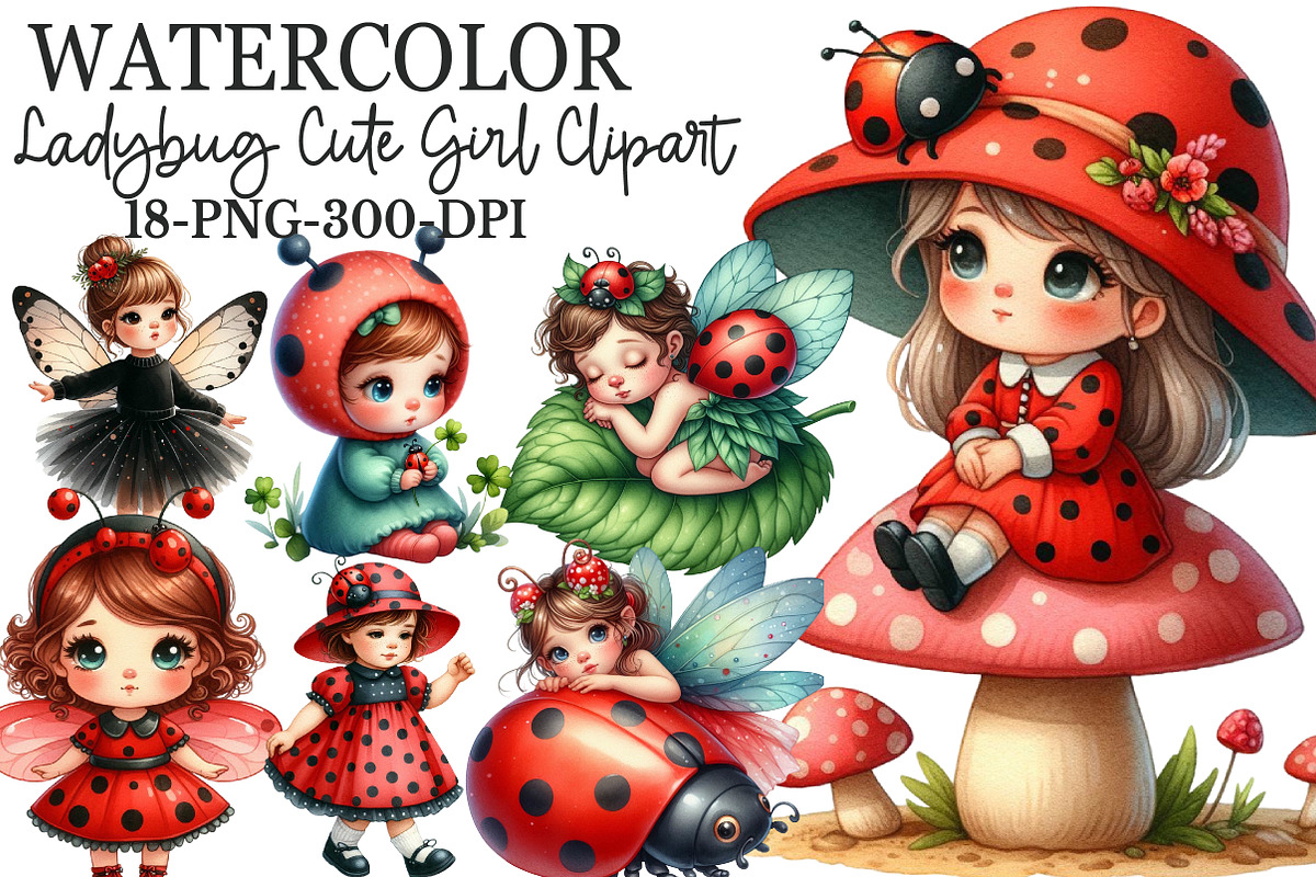 Watercolor Ladybug Girl Clipart, an Illustration by Rose Art (Photo 1 of 7)