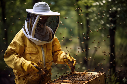 Beekeeper in yellow suit is working, a Photo by Iftikhar Alam