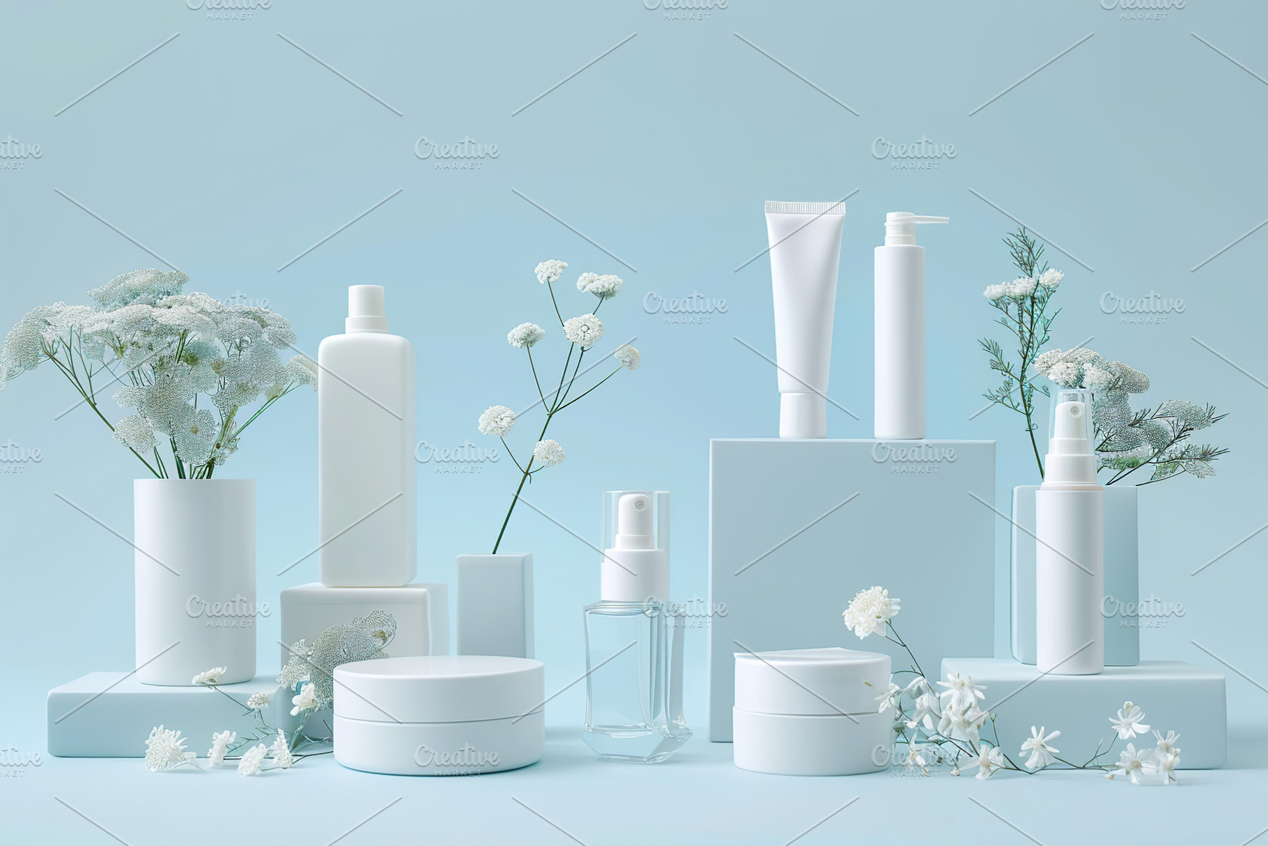 Different blank cosmetic containers with green plants on blue ba, a Health & Medical Photo by AlyaAnd