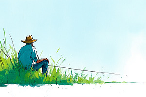 Serene watercolor fisherman sitting, a Person Photo by MistyDay