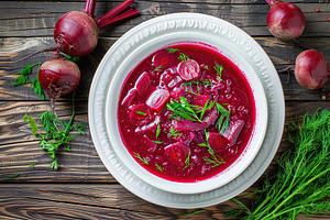 Bowl of beet root soup borsch on wooden table, a Food & Drink Photo by AlyaAnd