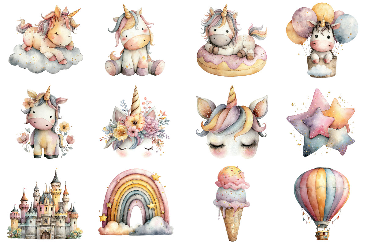 Watercolor Unicorn World Clipart Bun, an Illustration by Sublimation Artist (Photo 3 of 7)