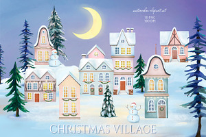 Watercololr Christmas Village