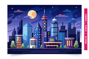 Cartoon City Skyline at Night, an Illustration by Tanuart
