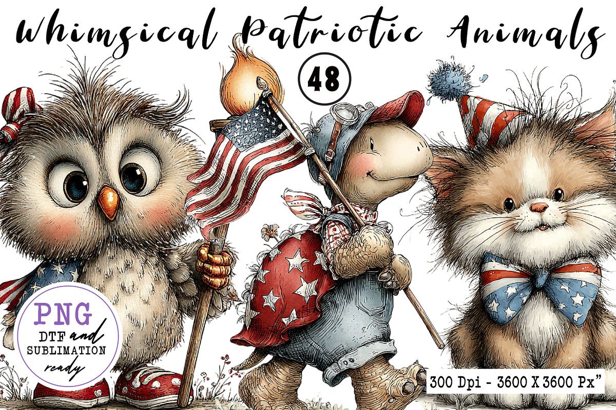 Whimsical Patriotic Animals Clipart, an Animal Illustration by CreationArt (Photo 1 of 7)