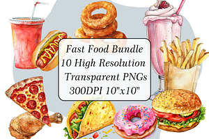 10 Fast Food Watercolor Illustration