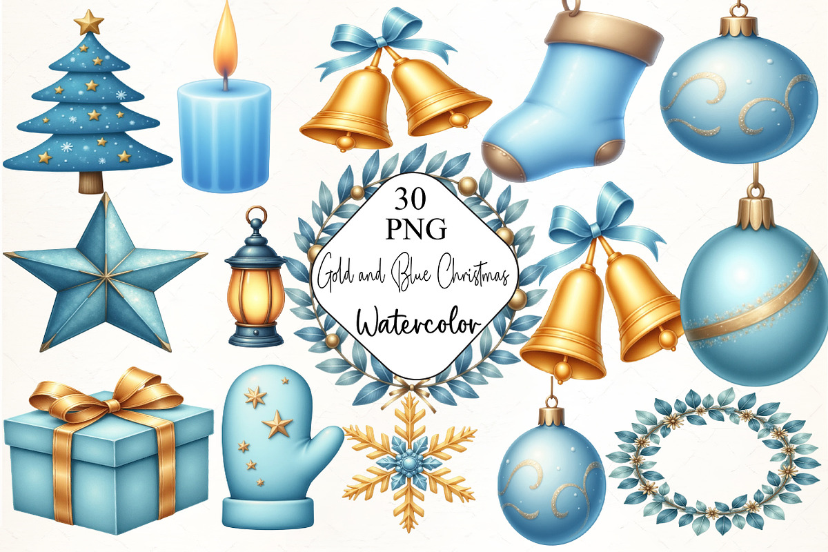 Gold and Blue Christmas Clipart, an Illustration by CrexoraLab (Photo 5 of 5)