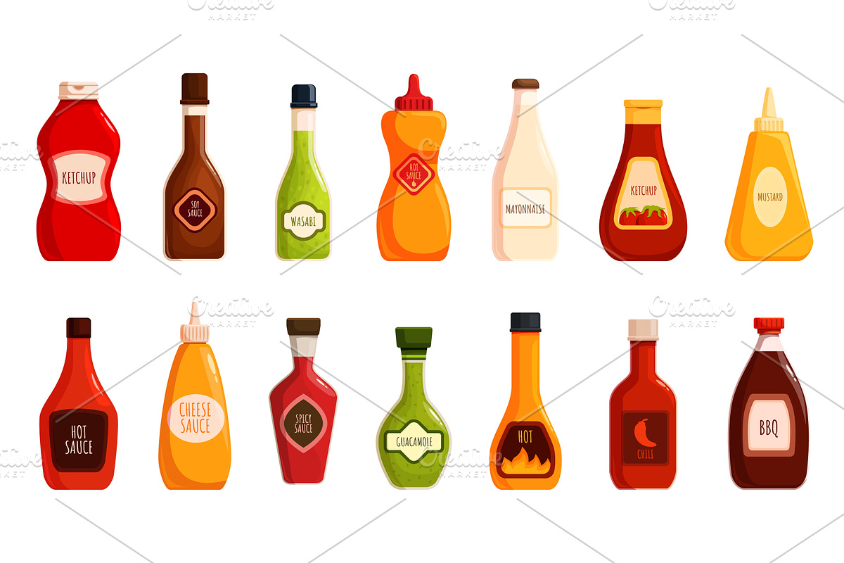 Cartoon sauce bottles. Ketchup, a Food Illustration by Valerie Bodnar