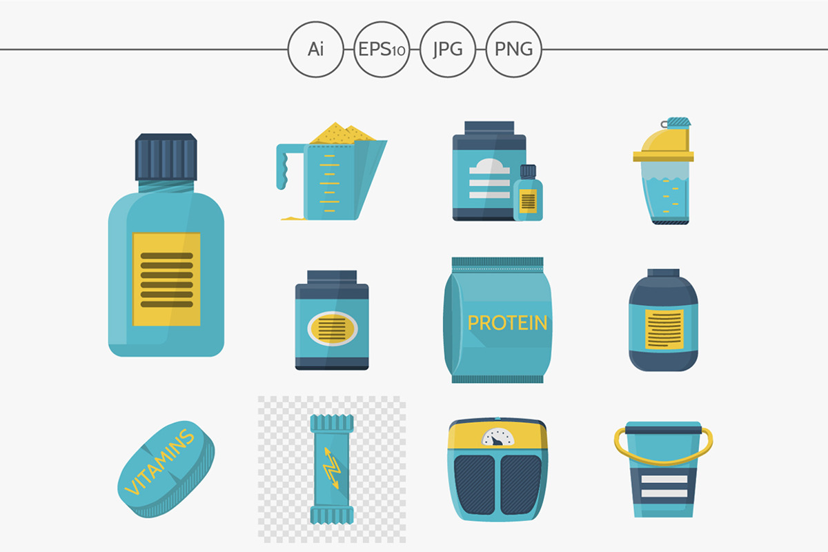 Sport supplements flat vector icons