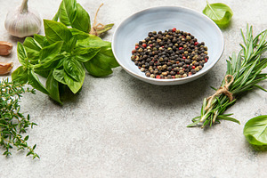 Fresh herbs and spices creating culinary masterpiece on table, a Food & Drink Photo by Olena Rudo