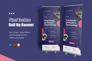 Pixel Techno Roll Up Banner, a Print Template by Esensifiksi.studio