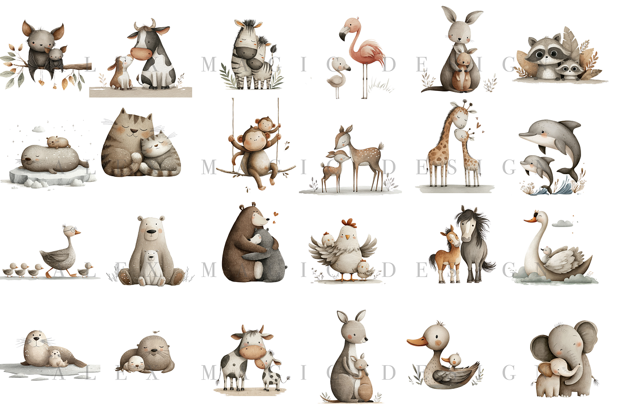 Mom and Baby Animal Clipart, a Decorative Illustration by Pati Charm Studio (Photo 2 of 8)