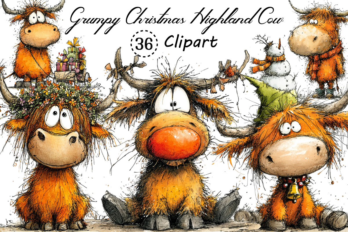 Grumpy Christmas Highland Cow Bundle, an Illustration by Creative Art (Photo 1 of 11)