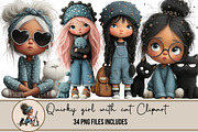 Quirky girl with cat Clipart, an Illustration by DreamArtGraphic (Thumbnail 1 of 4)
