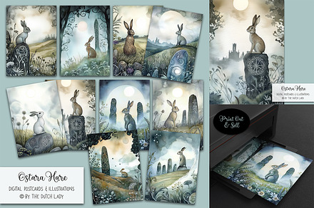 Ostara Hare Postcard Illustrations