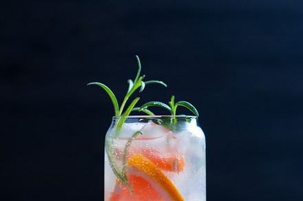 Stylish summer ice alcoholic cocktail with grapefruit and rosemary. Gin and ton, a Food & Drink Photo by PavelKant