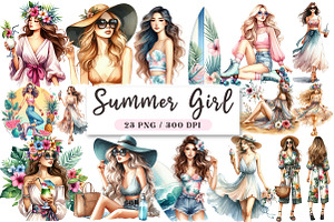 Watercolor Summer Girl Clipart