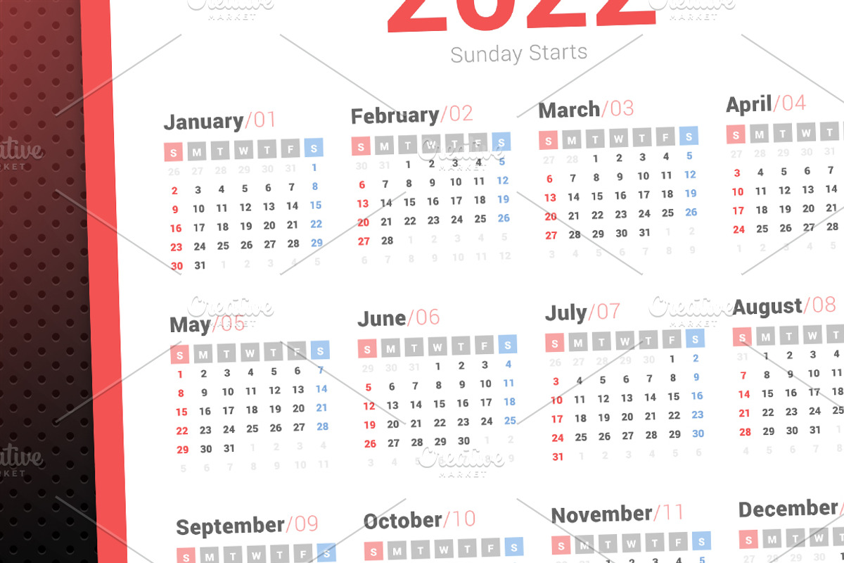 2022 Simple Calendar Sunday Starts., a Stationery Template by WORAKAMON Design Studio (Photo 2 of 3)