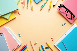 Flat Lay Office Desk with Colorful S, a Photo by LOGOCREATIVE