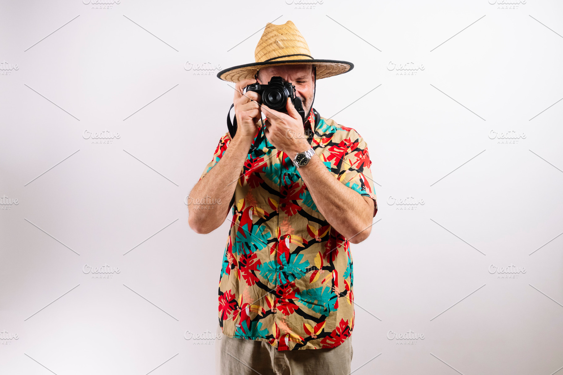 Smiling man ready for tropical vacation adventure, a Person Photo by karrastock