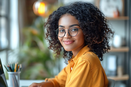 Smiling young Black woman with curly hair in a cozy workspace, w, a Person Photo by ImageMir