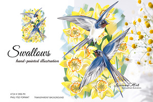 Swallows & Flowers Illustration, an Animal Illustration by Leonaa art