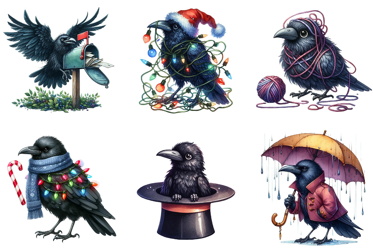 Funny Ravens Watercolor Clipart, an Illustration by DreamArtGraphic (Photo 2 of 5)