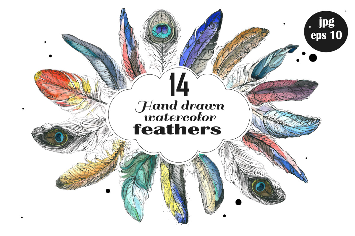Watercolor hand drawn feathers, an Illustration by narinadraban (Photo 1 of 3)
