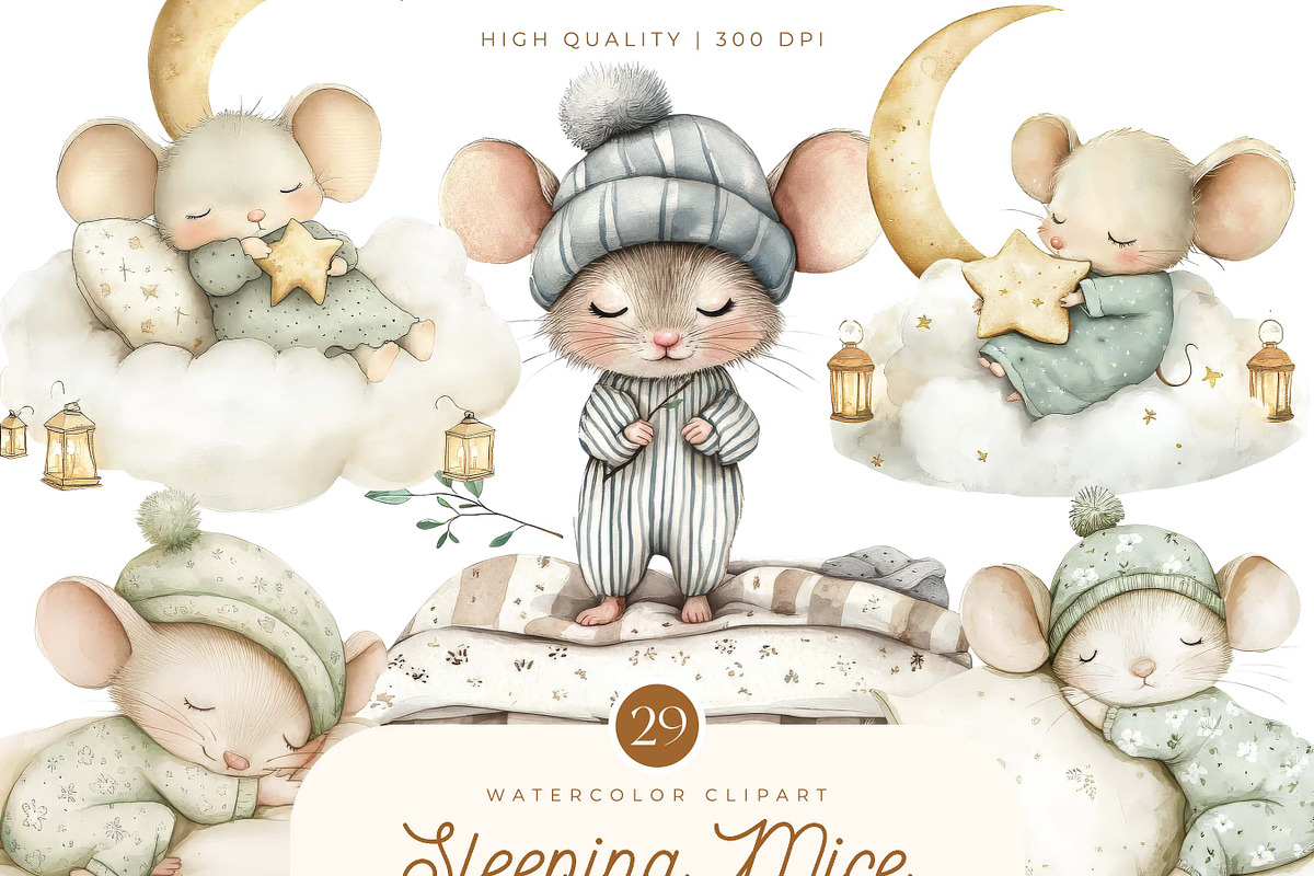 Watercolor Sleeping Mice Clipart, an Animal Illustration by SparkyDesignsUS (Photo 1 of 9)