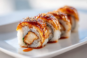 Delicious sushi roll with sesame and sauce, a Food & Drink Photo by AlyaAnd