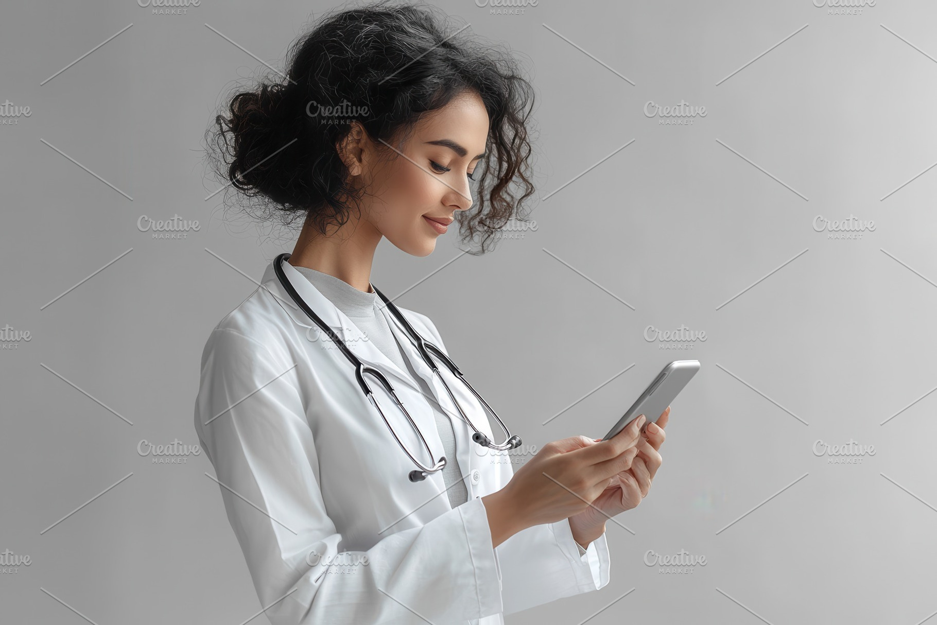Medical professional checks phone wh, a Photo by Tanuart