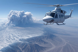 Helicopter flying near volcanic eruption and ash cloud over mountainous landsca, a Transportation Photo by AlyaAnd