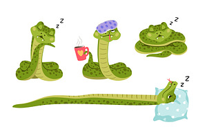 Set of cartoon green sleepy snakes, an Animal Illustration by Stock-Smart-Start