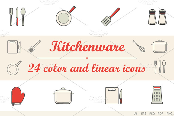 Kitchenware Colorlinear Icons 24