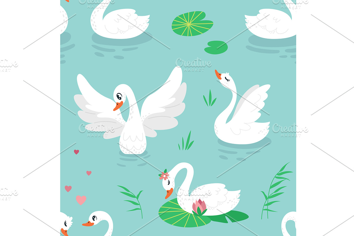 Cartoon swan seamless pattern. White, an Animal Illustration by LadadikArt