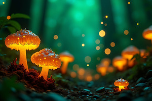 Glowing mushrooms in magical forest, a Nature Photo by Artonix