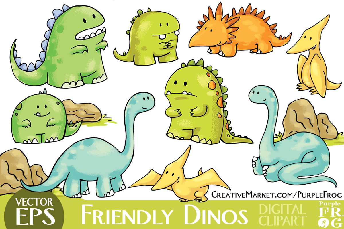 VECTOR - FRIENDLY DINOS - Clipart, an Animal Illustration by Purple Frog (Photo 1 of 5)