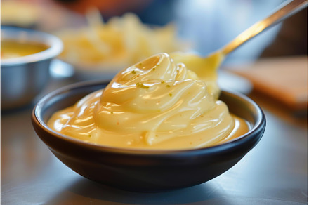 Creamy cheese sauce in black bowl, a Food & Drink Photo by Ylivdesign