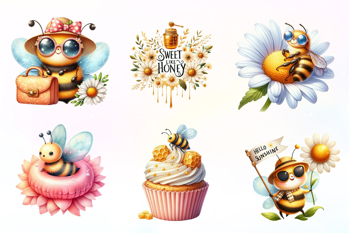 Cute Bee Summer Watercolor Clipart, an Illustration by CreationArt (Photo 7 of 9)