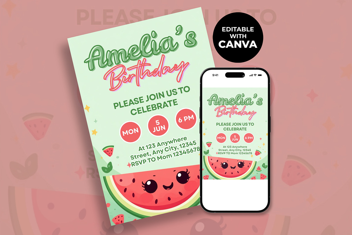 Cute Watermelon Birthday Invitation, an Invitation Template by M9 Design (Photo 2 of 4)