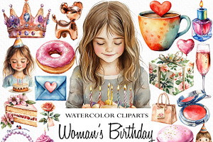 Watercolor Woman’s Birthday Clipart, an Illustration by Craft Nest