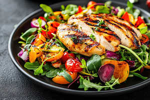 Grilled chicken served on a vibrant, a Photo by Pavel_design