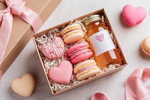 Delightful gift box with macarons and beverage, a Food & Drink Photo by AlyaAnd