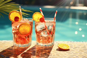 Alcohol cocktail in glasses near swimming pool, a Food & Drink Photo by AlyaAnd