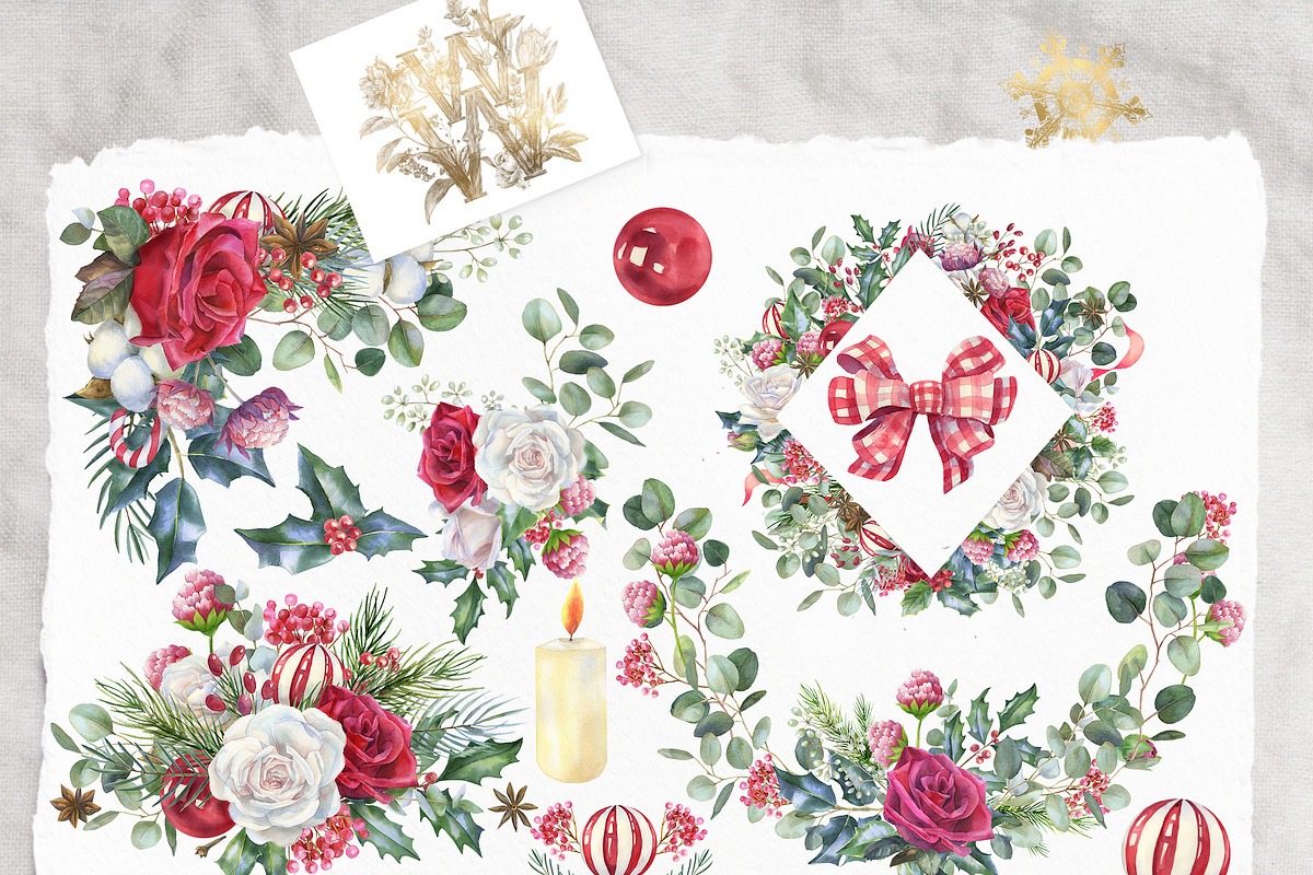 Watercolor floral Christmas pack, a Decorative Illustration by WonderWonder (Photo 5 of 20)